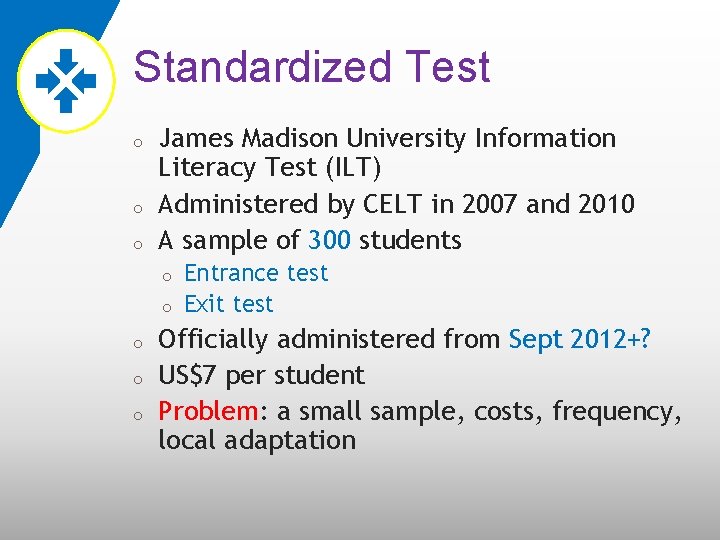 Standardized Test o o o James Madison University Information Literacy Test (ILT) Administered by