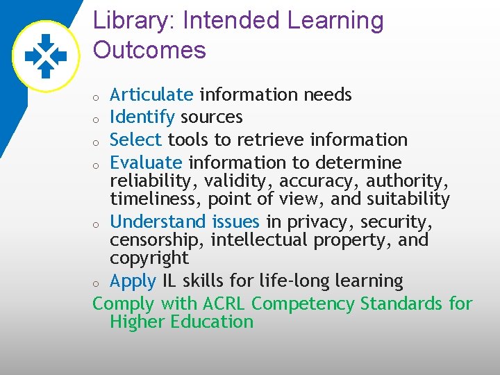 Library: Intended Learning Outcomes Articulate information needs o Identify sources o Select tools to
