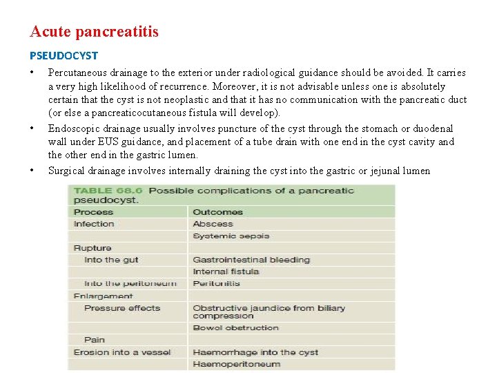 Acute pancreatitis PSEUDOCYST • • • Percutaneous drainage to the exterior under radiological guidance Acute pancreatitis PSEUDOCYST • • • Percutaneous drainage to the exterior under radiological guidance