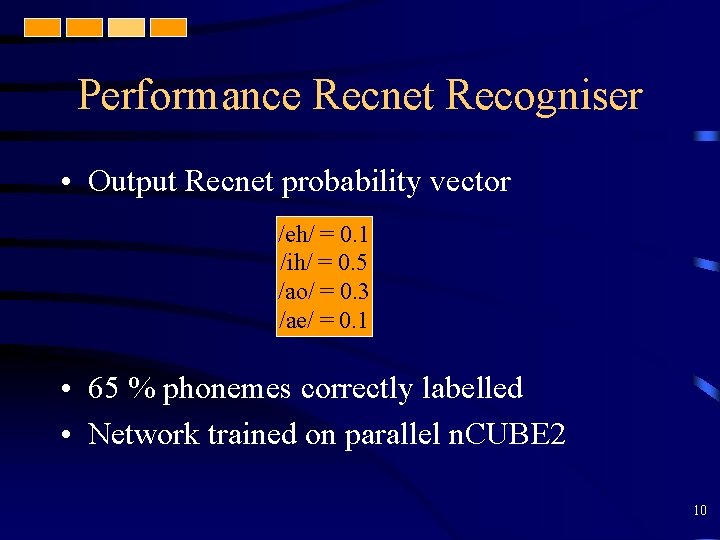 Performance Recnet Recogniser • Output Recnet probability vector /eh/ = 0. 1 /ih/ =