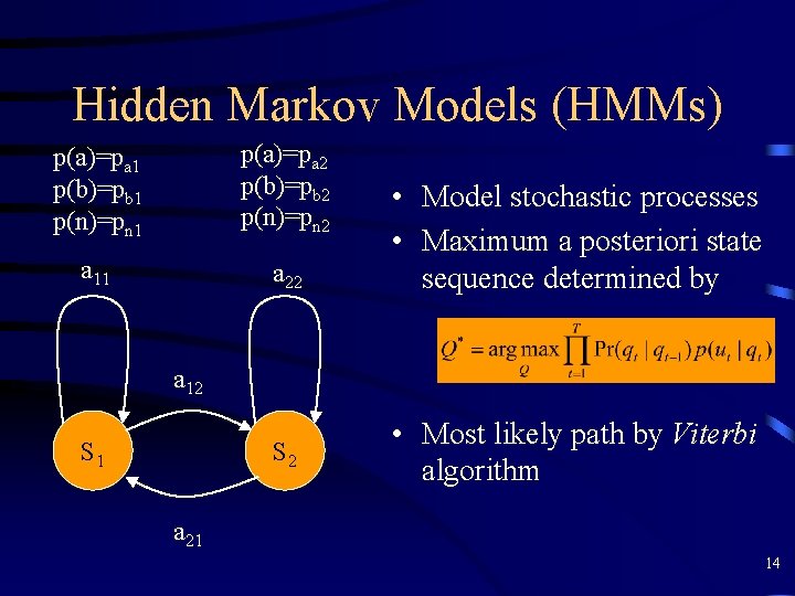 Hidden Markov Models (HMMs) p(a)=pa 1 p(b)=pb 1 p(n)=pn 1 p(a)=pa 2 p(b)=pb 2