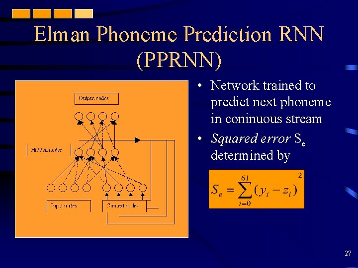 Elman Phoneme Prediction RNN (PPRNN) • Network trained to predict next phoneme in coninuous