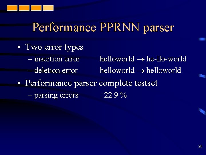 Performance PPRNN parser • Two error types – insertion error – deletion error helloworld