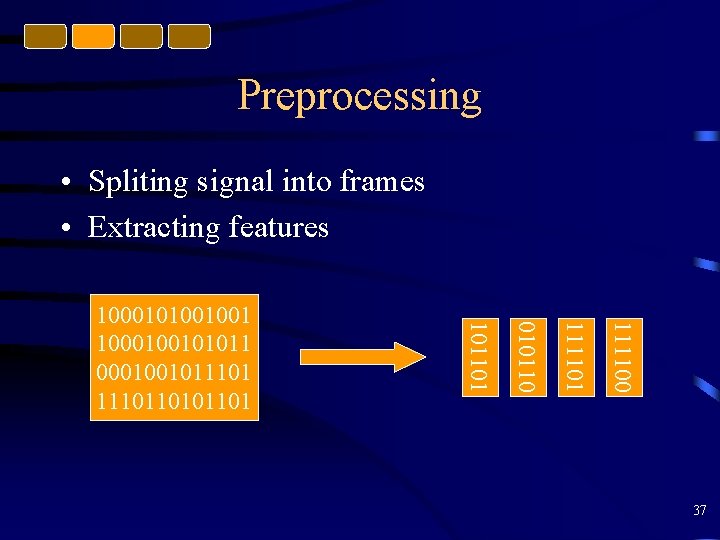 Preprocessing • Spliting signal into frames • Extracting features 111100 111101 0101101 1000101001001 1000100101011