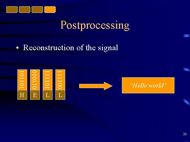 Postprocessing • Reconstruction of the signal 101101 010110 111101 111100 H E L L