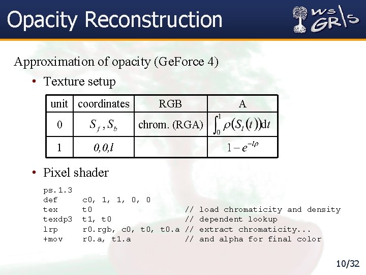 Opacity Reconstruction Approximation of opacity (Ge. Force 4) • Texture setup unit coordinates 0