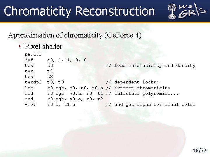 Chromaticity Reconstruction Approximation of chromaticity (Ge. Force 4) • Pixel shader ps. 1. 3