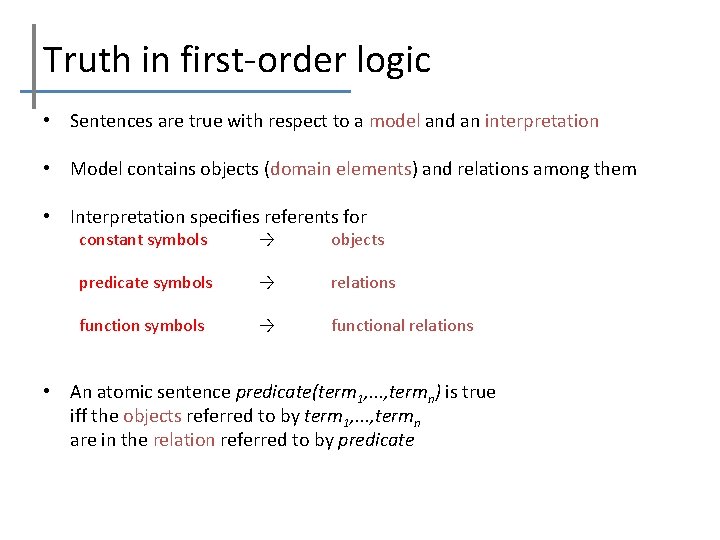 Truth in first-order logic • Sentences are true with respect to a model and