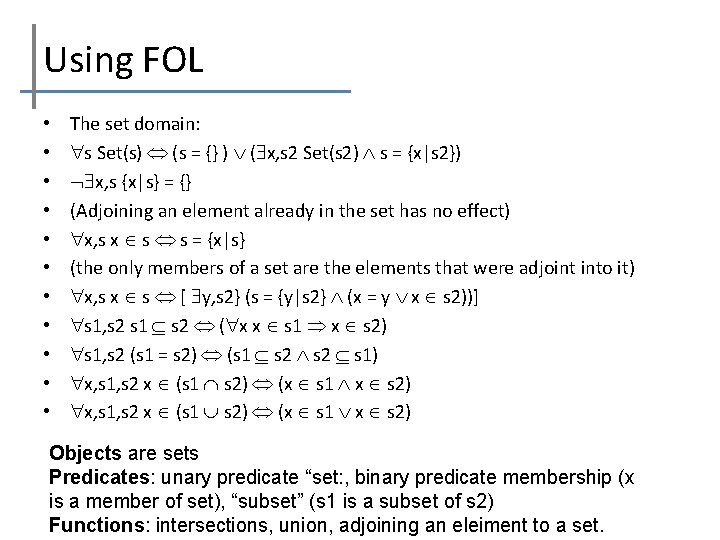Using FOL • • • The set domain: s Set(s) (s = {} )