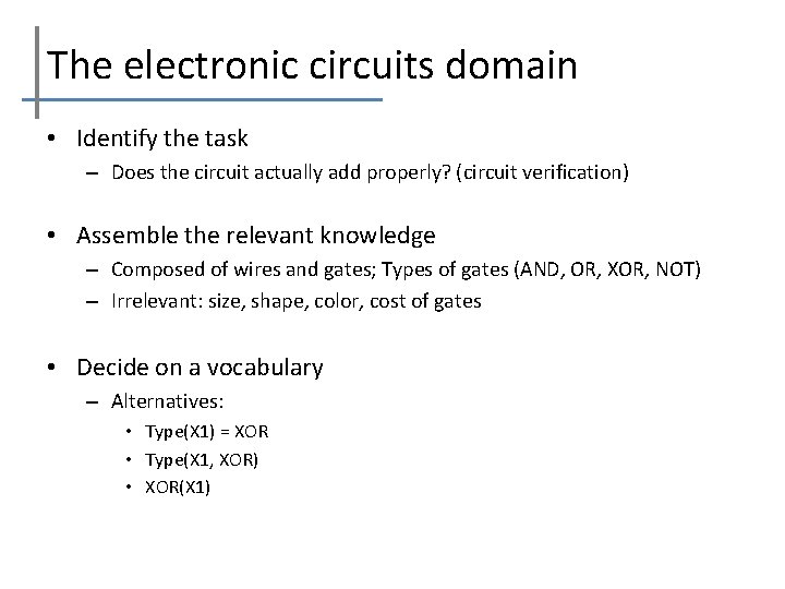 The electronic circuits domain • Identify the task – Does the circuit actually add