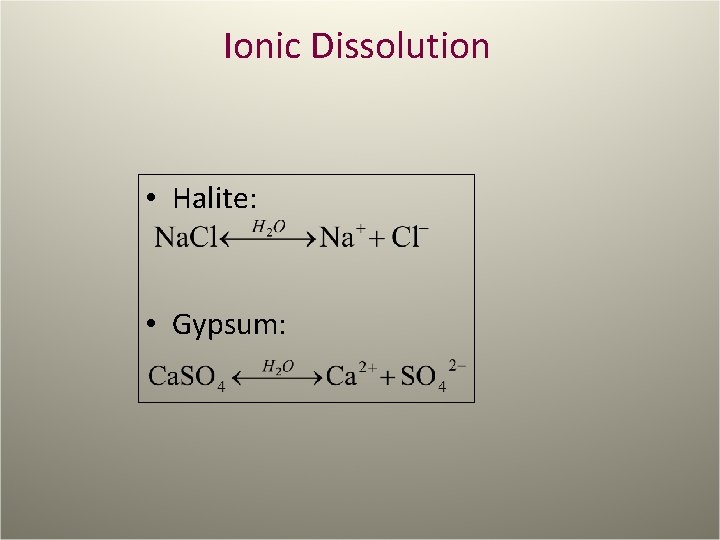 Ionic Dissolution • Halite: • Gypsum: 