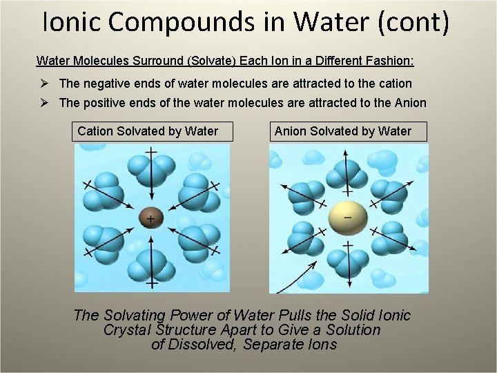 Ionic Compounds in Water (cont) Water Molecules Surround (Solvate) Each Ion in a Different