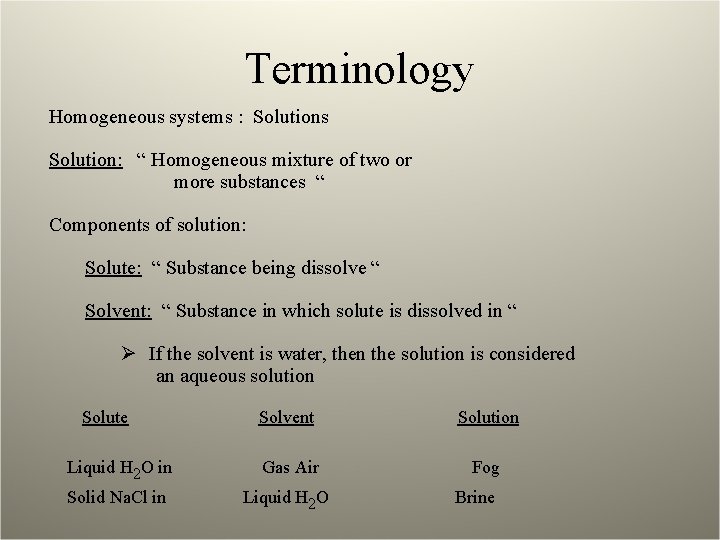 Terminology Homogeneous systems : Solutions Solution: “ Homogeneous mixture of two or more substances