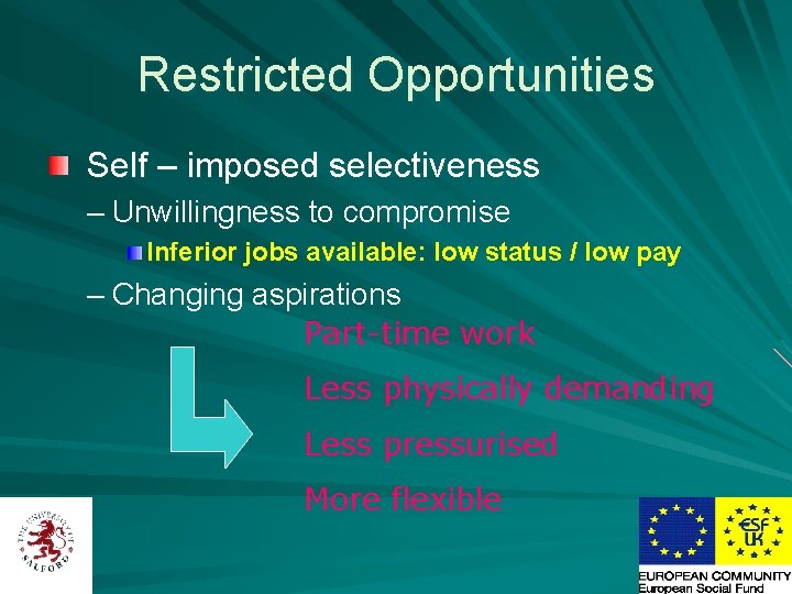 Restricted Opportunities Self – imposed selectiveness – Unwillingness to compromise Inferior jobs available: low