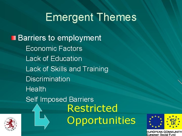 Emergent Themes Barriers to employment Economic Factors Lack of Education Lack of Skills and