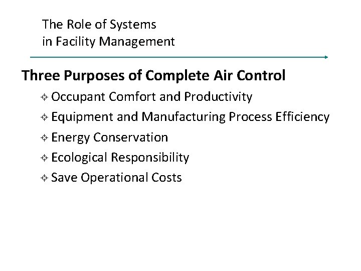 The Role of Systems in Facility Management Three Purposes of Complete Air Control Occupant