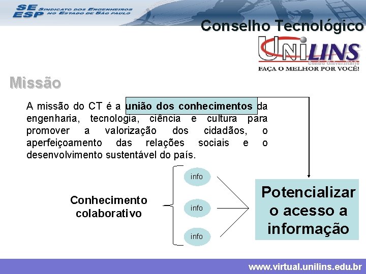 Conselho Tecnológico Missão A missão do CT é a união dos conhecimentos da engenharia,
