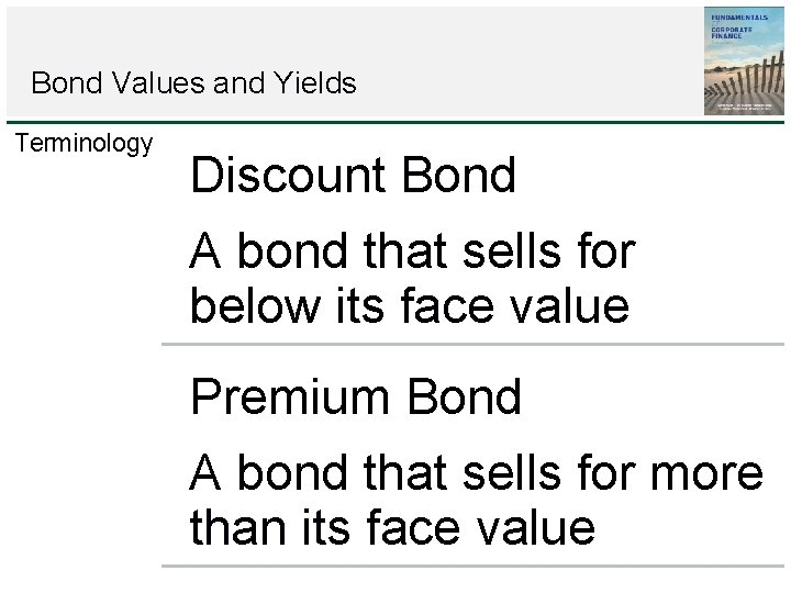 Bond Values and Yields Terminology Discount Bond A bond that sells for below its