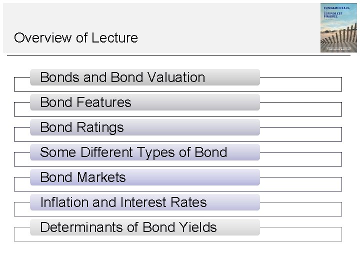 Overview of Lecture Bonds and Bond Valuation Bond Features Bond Ratings Some Different Types
