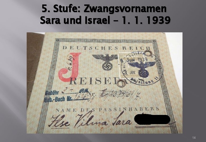 5. Stufe: Zwangsvornamen Sara und Israel – 1. 1. 1939 14 