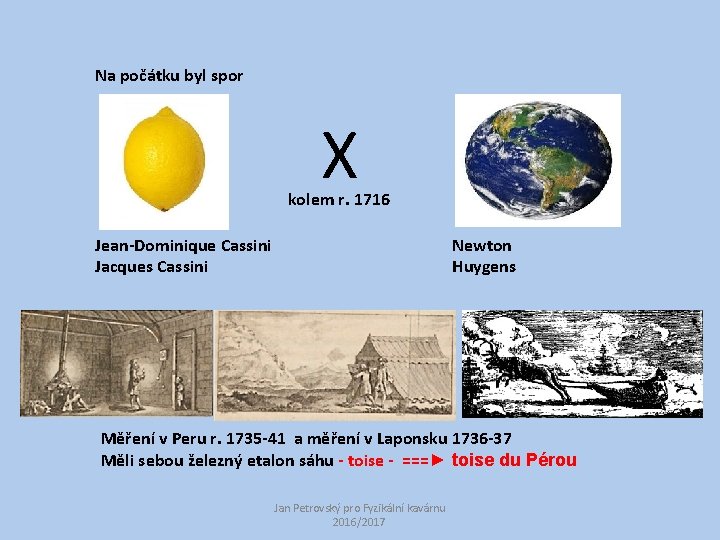Na počátku byl spor X kolem r. 1716 Jean-Dominique Cassini Jacques Cassini Newton Huygens