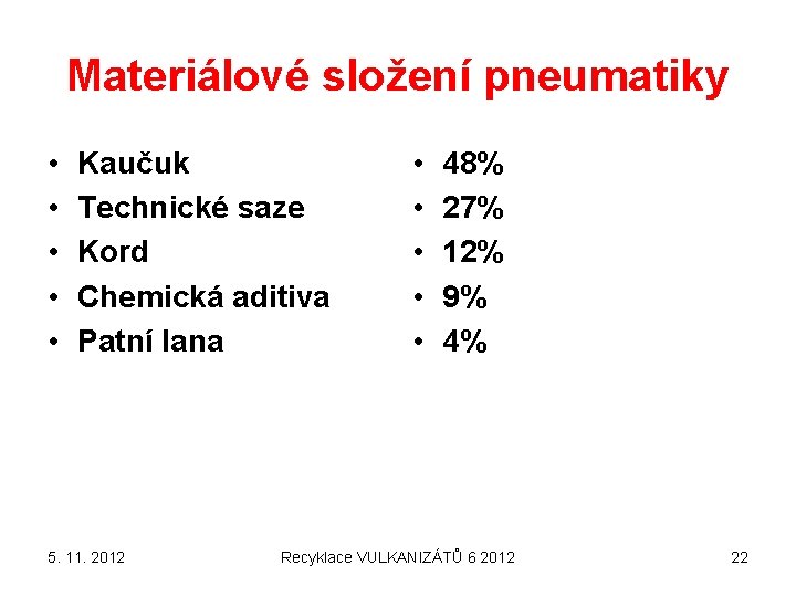 Materiálové složení pneumatiky • • • Kaučuk Technické saze Kord Chemická aditiva Patní lana