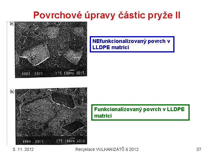 Povrchové úpravy částic pryže II NEfunkcionalizovaný povrch v LLDPE matrici Funkcionalizovaný povrch v LLDPE