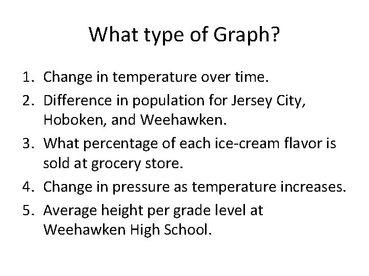 What type of Graph? 1. Change in temperature over time. 2. Difference in population