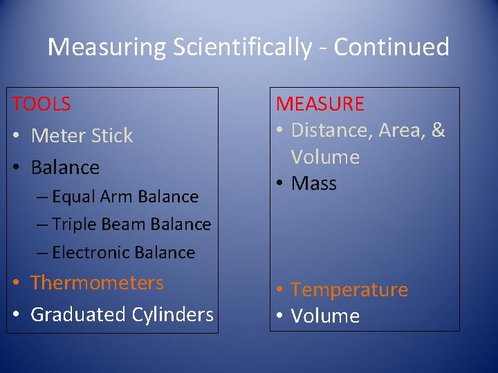 Measuring Scientifically - Continued TOOLS • Meter Stick • Balance – Equal Arm Balance