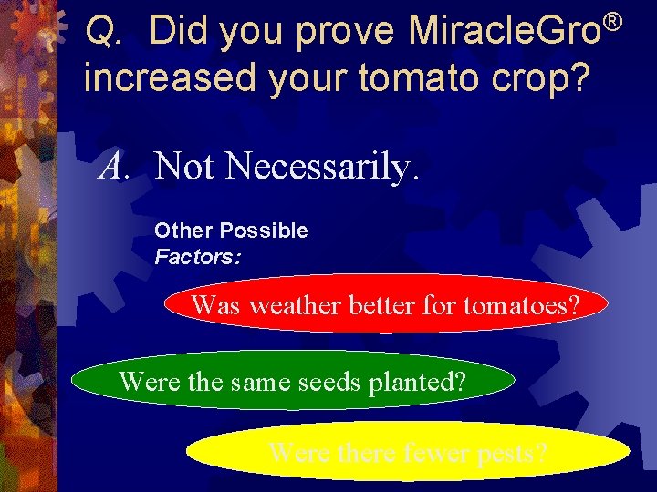 Q. Did you prove Miracle. Gro® increased your tomato crop? A. Not Necessarily. Other