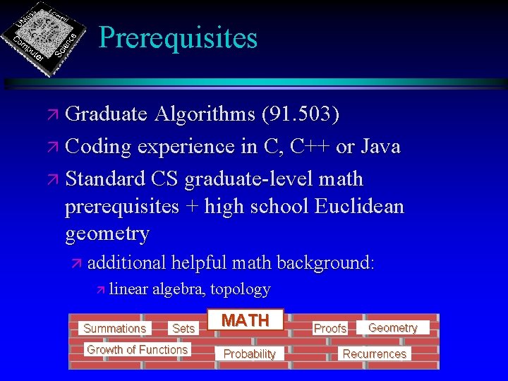 Prerequisites ä Graduate Algorithms (91. 503) ä Coding experience in C, C++ or Java Prerequisites ä Graduate Algorithms (91. 503) ä Coding experience in C, C++ or Java