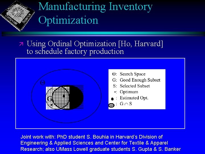 Manufacturing Inventory Optimization ä Using Ordinal Optimization [Ho, Harvard] to schedule factory production Joint