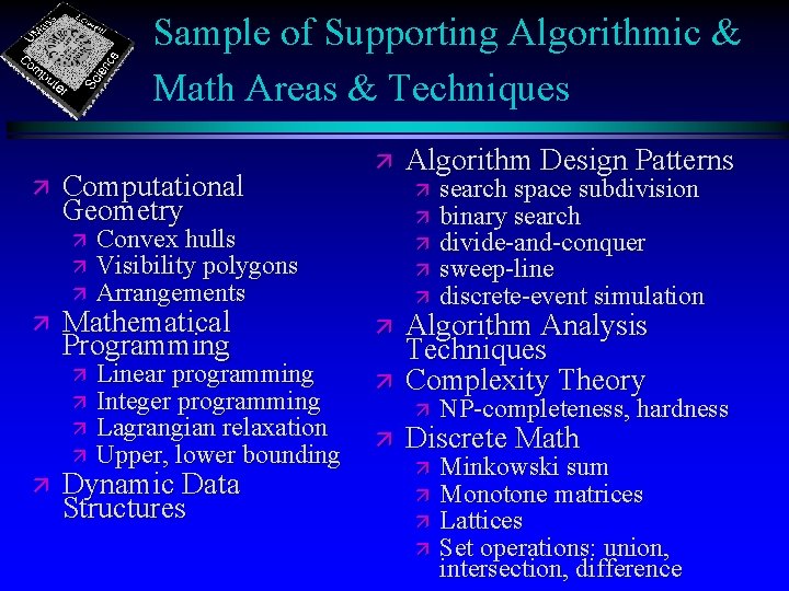 Sample of Supporting Algorithmic & Math Areas & Techniques ä Computational Geometry ä ä Sample of Supporting Algorithmic & Math Areas & Techniques ä Computational Geometry ä ä