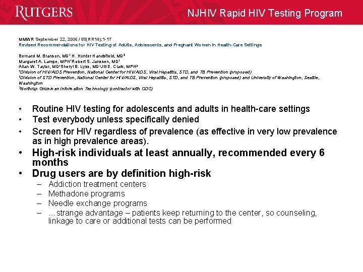 NJHIV Rapid HIV Testing Program MMWR September 22, 2006 / 55(RR 14); 1 -17