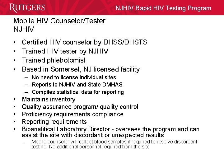 NJHIV Rapid HIV Testing Program Mobile HIV Counselor/Tester NJHIV • • Certified HIV counselor