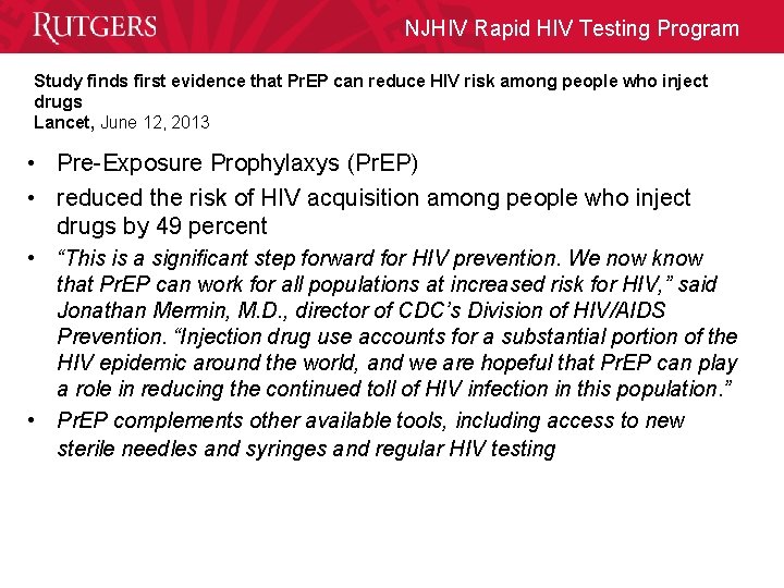 NJHIV Rapid HIV Testing Program Study finds first evidence that Pr. EP can reduce