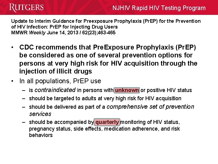 NJHIV Rapid HIV Testing Program Update to Interim Guidance for Preexposure Prophylaxis (Pr. EP)