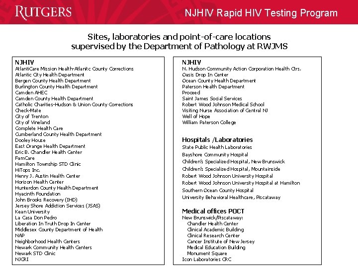 NJHIV Rapid HIV Testing Program Sites, laboratories and point-of-care locations supervised by the Department