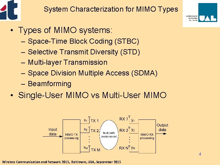 System Characterization for MIMO Types • Types of MIMO systems: – – – Space-Time