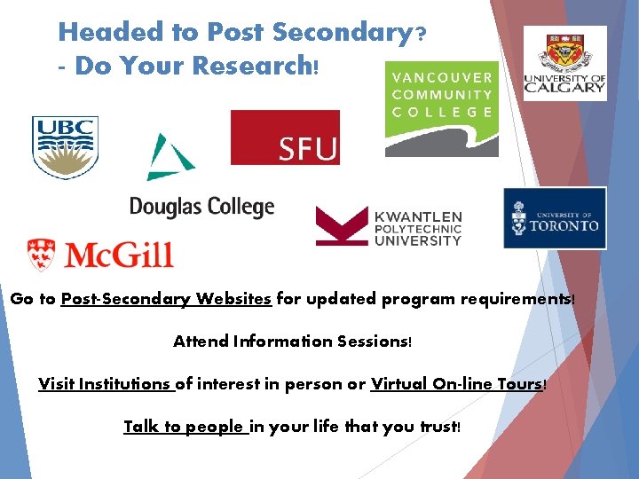 Headed to Post Secondary? - Do Your Research! Go to Post-Secondary Websites for updated