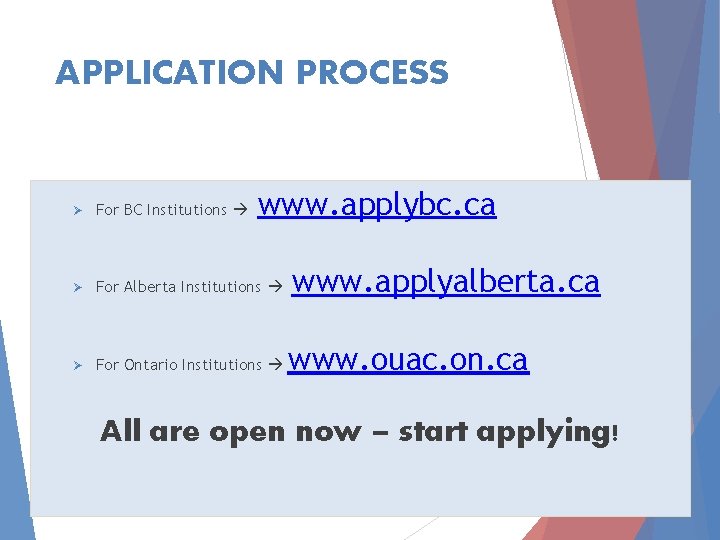 APPLICATION PROCESS www. applybc. ca Ø For BC Institutions Ø For Alberta Institutions www.