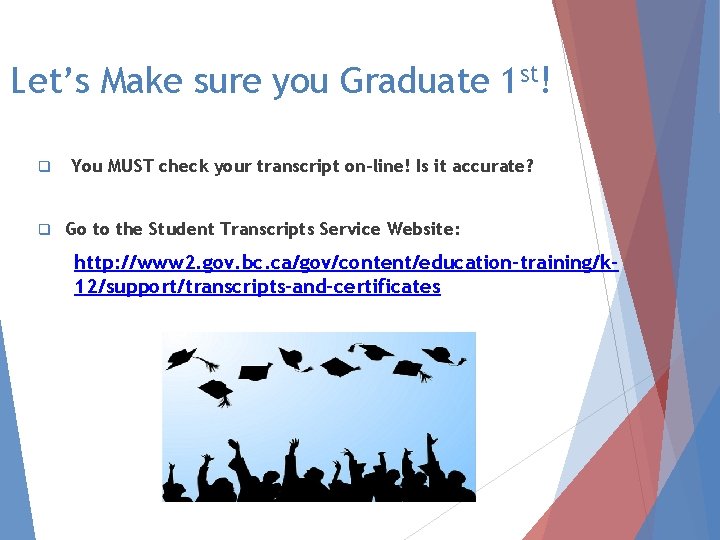 Let’s Make sure you Graduate 1 st! q q You MUST check your transcript