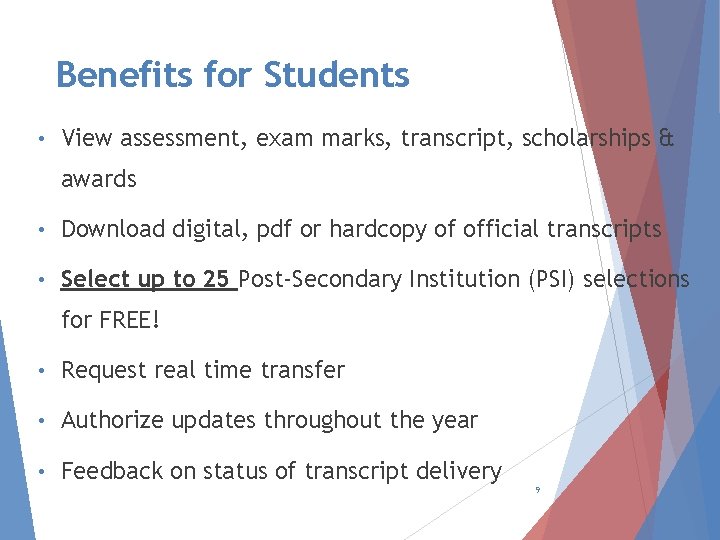 Benefits for Students • View assessment, exam marks, transcript, scholarships & awards • Download