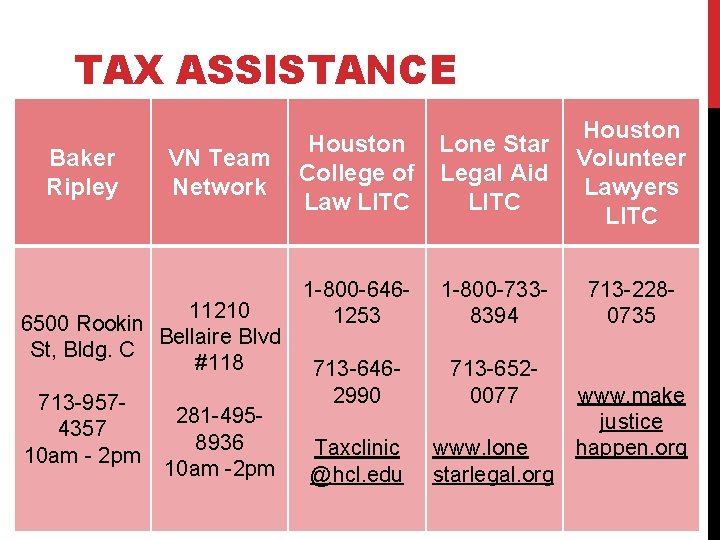 TAX ASSISTANCE Baker Ripley VN Team Network 11210 6500 Rookin Bellaire Blvd St, Bldg.