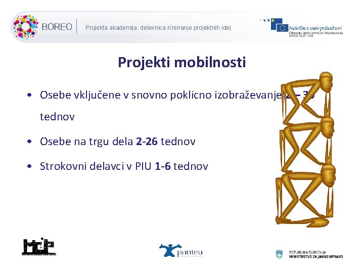 Projekta akademija: delavnica Kreiranje projektnih idej Projekti mobilnosti • Osebe vključene v snovno poklicno