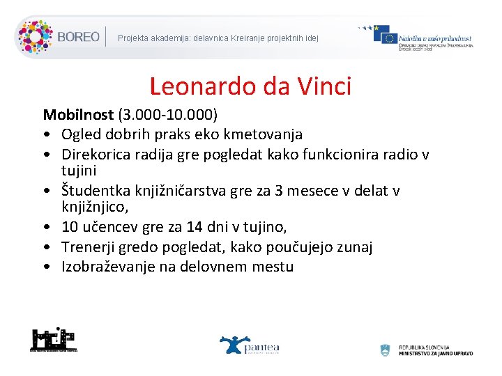 Projekta akademija: delavnica Kreiranje projektnih idej Leonardo da Vinci Mobilnost (3. 000 -10. 000)