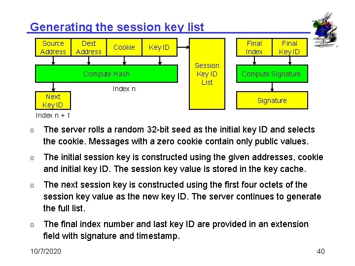 Generating the session key list Source Address Dest Address Cookie Compute Hash Index n