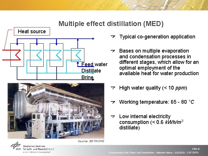 Multiple effect distillation (MED) Heat source Typical co-generation application Feed water Distillate Brine Bases