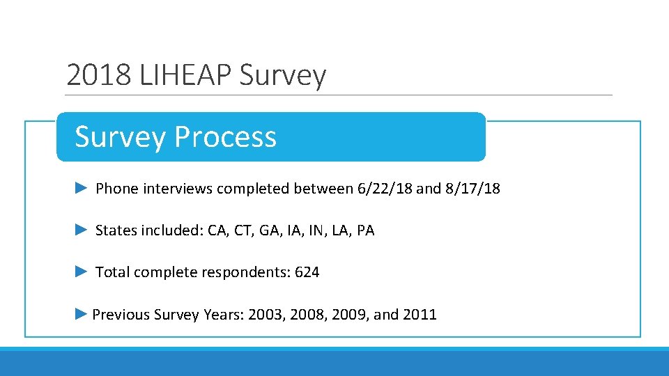 2018 LIHEAP Survey Process ► Phone interviews completed between 6/22/18 and 8/17/18 ► States