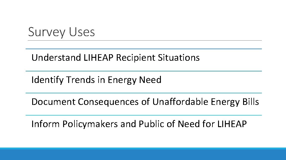 Survey Uses Understand LIHEAP Recipient Situations Identify Trends in Energy Need Document Consequences of